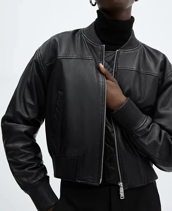 NUEVA MANGA Chaqueta Bomber de Cuero para Mujer NEGRA TALLA XS / 100% AUTÉNTICA Foto 3 de 4