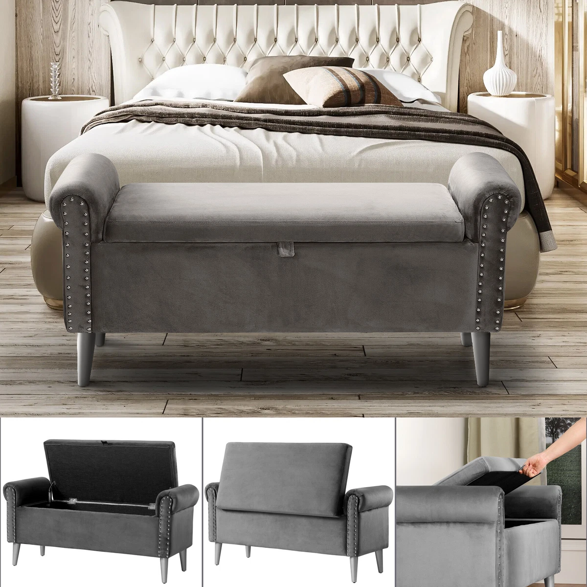 47 Modern Upholstered Storage Bedroom End of Bed Bench Entryway