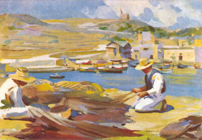 MALTA. Ausbesserungsnetze - Migiarro, Gozo (Dingli) 1927 altes Vintage Druckbild