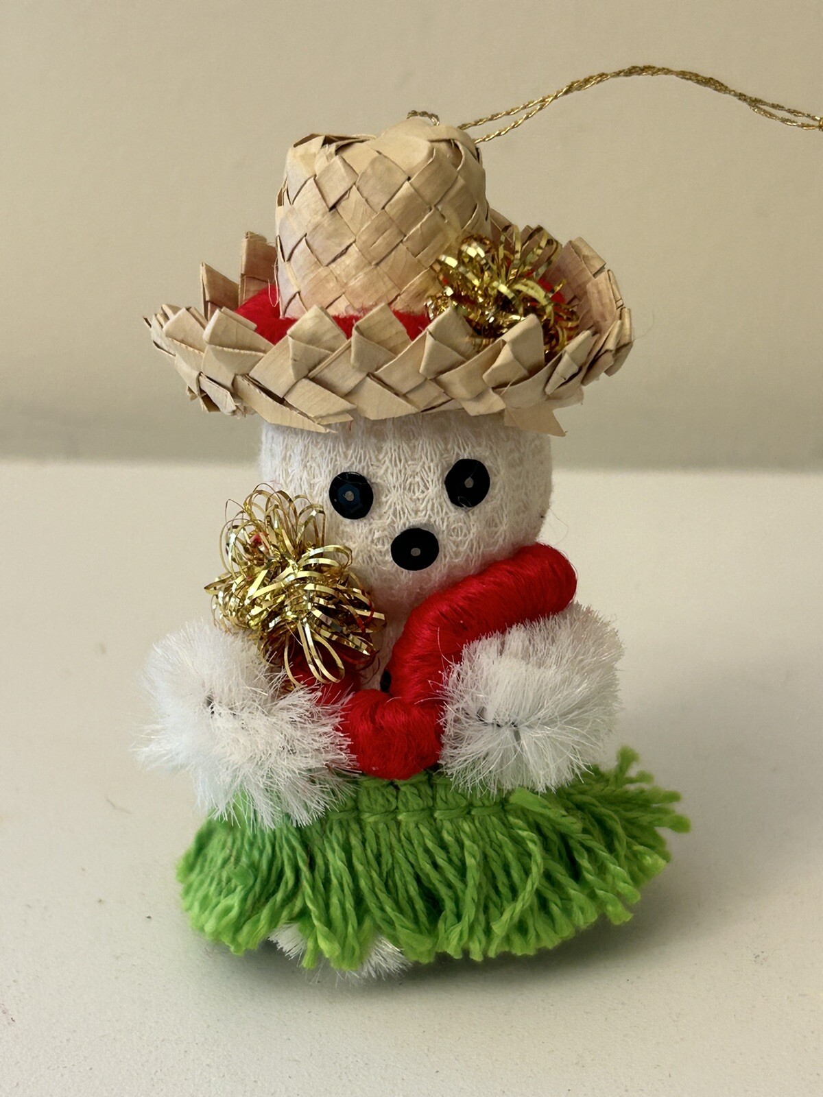 VTG Hawaiian Hula Lei Snowman Pipe Cleaner Straw Hat Skirt Christmas Ornament 3”