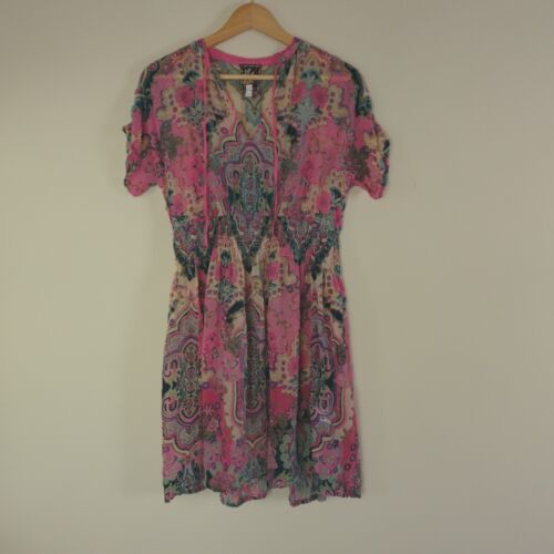 Johnny Was Dress Womens XS Pink Floral Multi Thia Smocked Waist Velvet Burnout