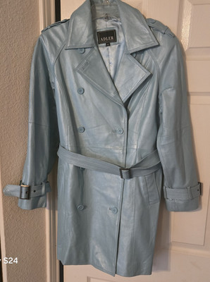 Vtg Genuine Leather SzM Womens Trench Coat Adler Pearl Light Blue