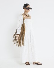 River Island Womens Maxi Dress Petite White Broderie Sleeveless Square Neck