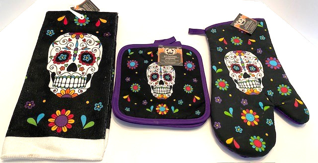 New! Day of the Dead/Halloween Colorful Dish Towel/2 Potholders/Oven Mitt