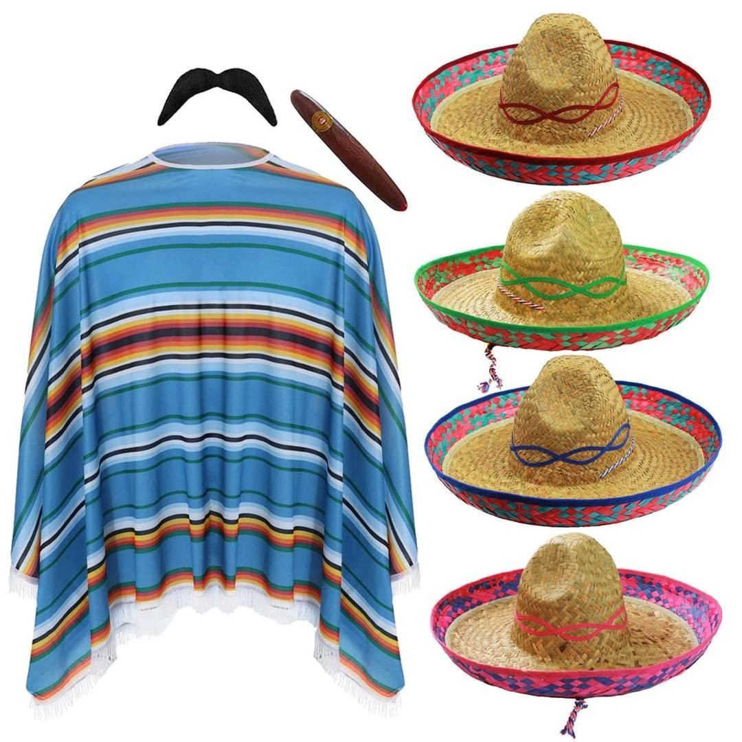 Poncho Mexicano Sombrero Disfraz Conjunto Adultos 4 Piezas Fiesta Vestido Elegante Unisex