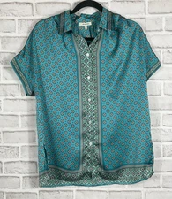 Max Studio Top Womens Sz M Teal Geometric Button Up Collared Short Sleeves