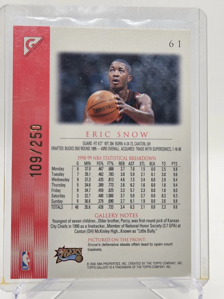 1999-00 Topps Gallery Players Private Issue #61 Eric Snow /250 76ers - Image 2 of 2