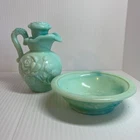 Vintage Avon - Rose Mini Bowl And Pitcher Set - Jadeite Green Swirl Milk Glass
