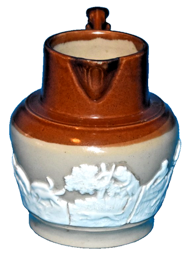 Antique England Small Stoneware Pitcher Jug Hound Handle Fox Hunt Scene - Picture 2 of 6