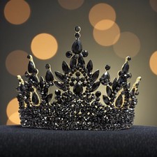 Luxury Black Crystal Crown, Gothic Queen Headdress, Prom Tiara, Gold Crown