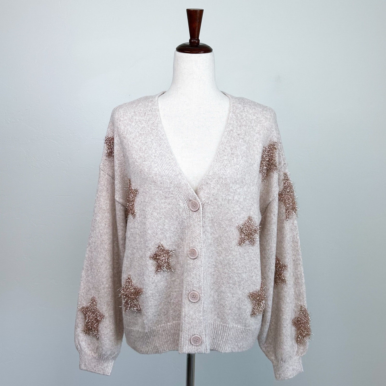 Maurices Gold Tinsel Star Knit V-Neck Cardigan