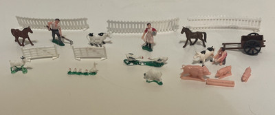 Qty 21 Vintage Plastic Marx MPC Farm Animals Milking Cow Farmer Feeding Chickens