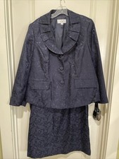 NEW 249 Le Suit Navy Blue Jacquard Brocade Skirt Jacket 2 Piece Set Plus 16 W