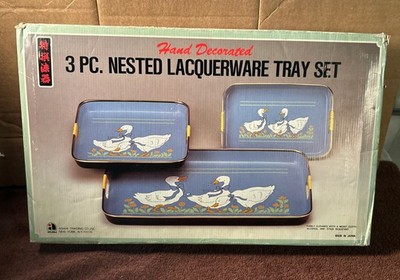 Vintage Three-Piece Nesting Lacquerware Tray Set Blue Goose Hand Decorated