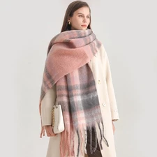 Plaid Checkered Scarf Womens Winter Warm Pink Gray Fringe Wrap