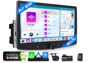 6+64 Android 14 10.1" QLED Double 2 Din Car Stereo CarPlay Radio GPS WiFi 4G LTE