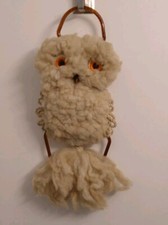 Vintage 1970s Handmade Macrame Beige Fluffy Owl Towel Holder Orange Eyes 21"