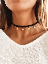 New Vegan Suede Gold Metal Star Dainty Charm Choker 12.5" Chain Necklace Boho
