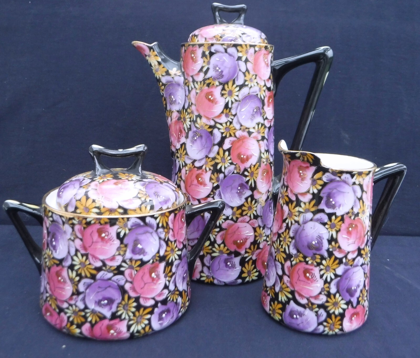 French Chintz Style Roses Coffee set, with Coffee Pot, Possibly Limoges