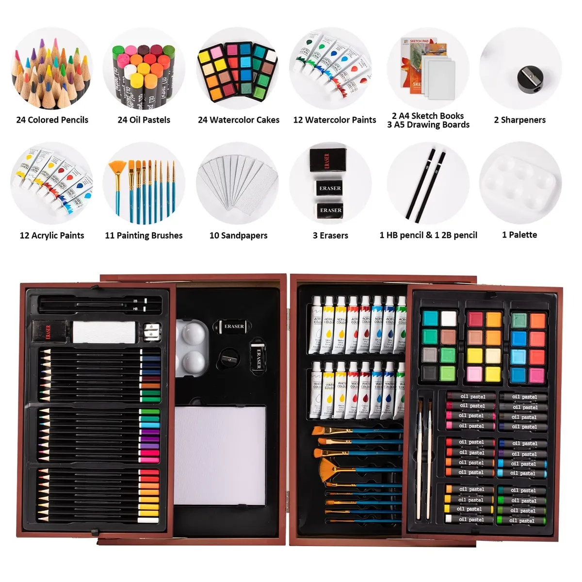 POPYOLA Art Supplies Deluxe Art Set Professional Art Kit in Portable Wooden Case 3 Drawing Pads Oil Pastels Colored Pencils Creative Gift for Teens Be