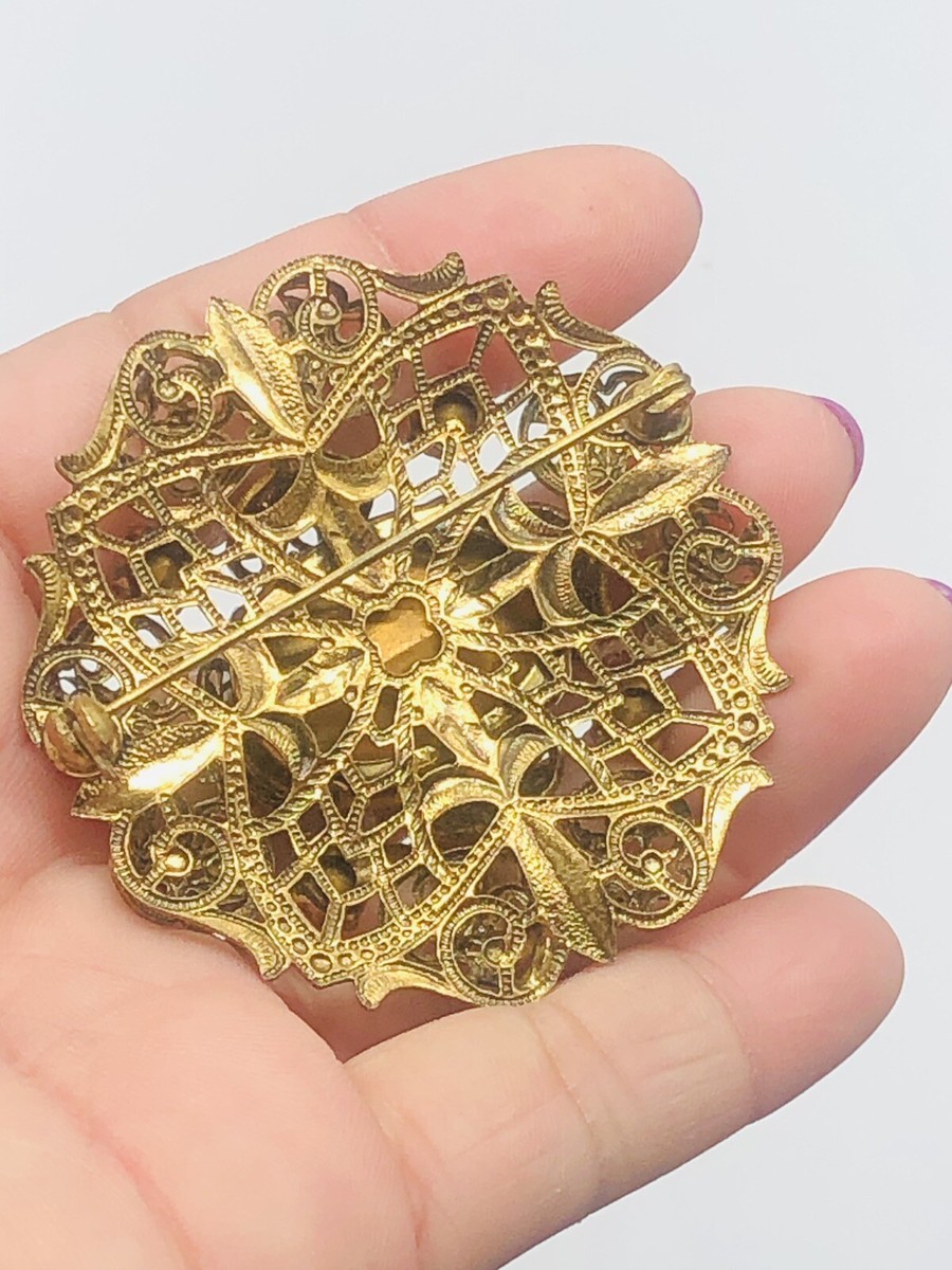 Vtg Unmarked Germany? Yellow Amber Glass Rhinestones Flower