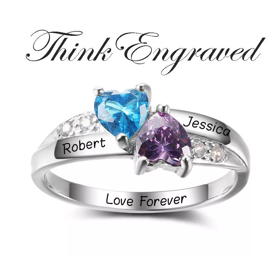 Personalized 2 Stone Turned Hearts Mothers Ring 2 Engraved Names