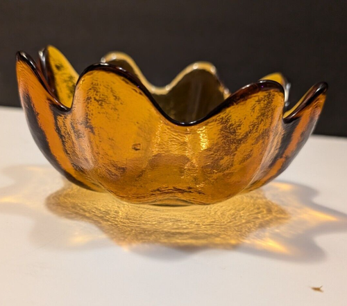 Vintage Blenko Amber Small Lotus Petal Bowl Vintage Brown Art Glass 5.5” - Picture 5 of 7