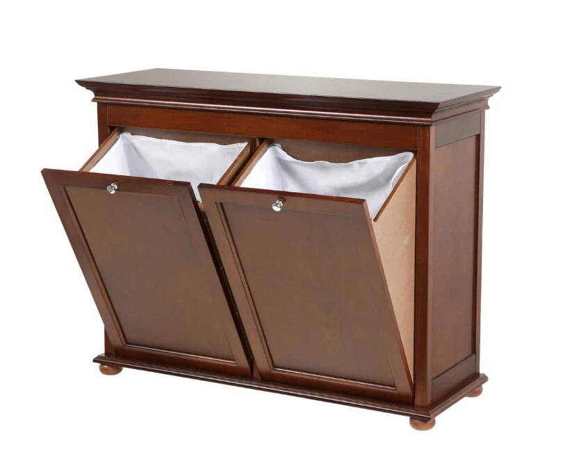 Cesta de madera marrón doble inclinable baño lavandería almacenamiento 2 contenedores organizador de ropa Foto 2 de 4