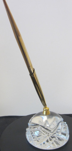 Vintage Lenox Pen Holder & Pen Full Lead Etched Crystal Desk Accessory Gold Tone