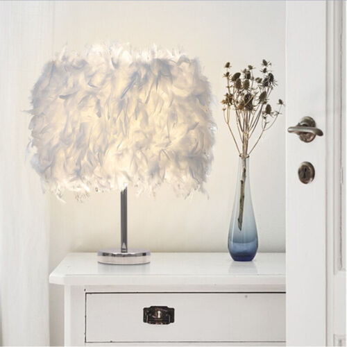 Feather Shade Table Lamp White Lampshade Elegant Bedside Desk Night Light - Photo 1/6