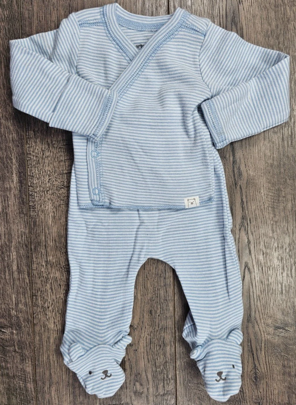 Baby Boy Clothes Nwot Carter's Preemie 2pc Blue Striped Bear Footed Outfit