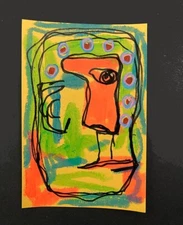 Portrait Painting Naive Outsider 4x6 Wall Art Grumpy Man Orange Green April Fool