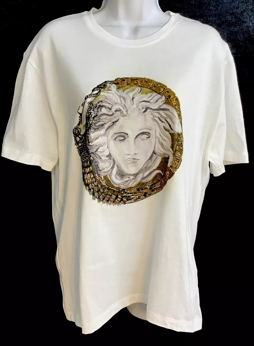 Versace Men’s T-Shirt White Cotton Gold Embroider Crystal Design NWB L