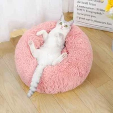 Plush Pink Calming Cat Bed, Round Plush Dog Bed, Anti Anxiety Round Cat Bed Gift