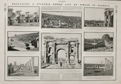 1902 GROSSER ANTIKER DRUCK ANTIKE RÖMISCHE STADT ALGERIEN TIMGAD AUSGRABUNGSPARTY