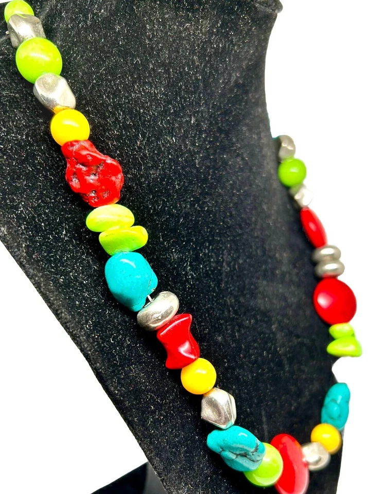 Collar Multicolor Vintage Estilo Suroeste Colores Turca, Cuentas Rojas Foto 4 de 4