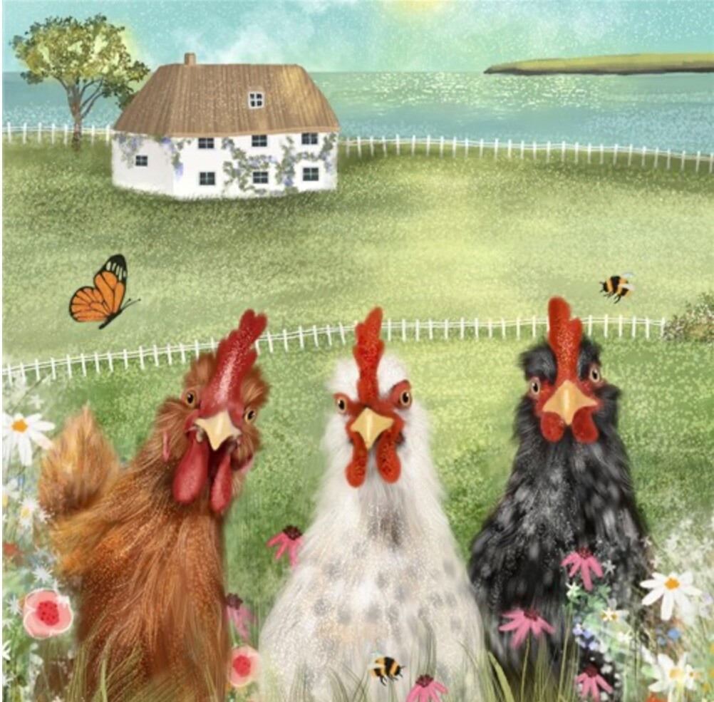 Three Chickens - Art Blank Greeting / Birthday Card - Hens Thatched Cottage Sea
