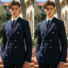 Navy Blue Men's Suits Peak Lapel Double Breasted Formal Wedding Groom Tuxedos