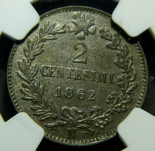 Italy 2 Centesimi 1862 N AU Details NGC copper KM#2.2 (Box#9-10)
