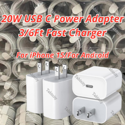 20W USB-C Fast Charger Adapter PD Type-C Cord For iPhone 15 Pro Plus Android Lot