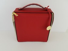 Estee Lauder Red Train Case Travel Zippered Cosmetic Bag w/ Scalloped Handle