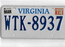 VIRGINIA passenger 2014 license plate "WTK-8937" ***NATURAL***