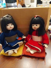 Japanese Child/Girl Dolls; Red Kimono, Blue Kimono Pillow- Vinyl W/Cloth Body