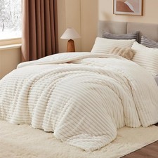 Fleece Queen Comforter Set Super Soft  Warm Fluffy Cream White Bedding