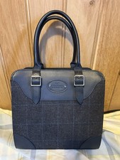 Chapman Navy Check Tweed & Leather Zip handbag with Adjustable Strap
