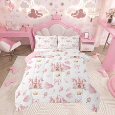 Pink Castle Duvet Insert Full Size, Cute Bowknot Comforter Set Boys Girls Gir...
