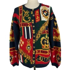 Vintage Eagles Eye Sweater Women Medium Hand Knit Novelty Royal Cardigan Regency