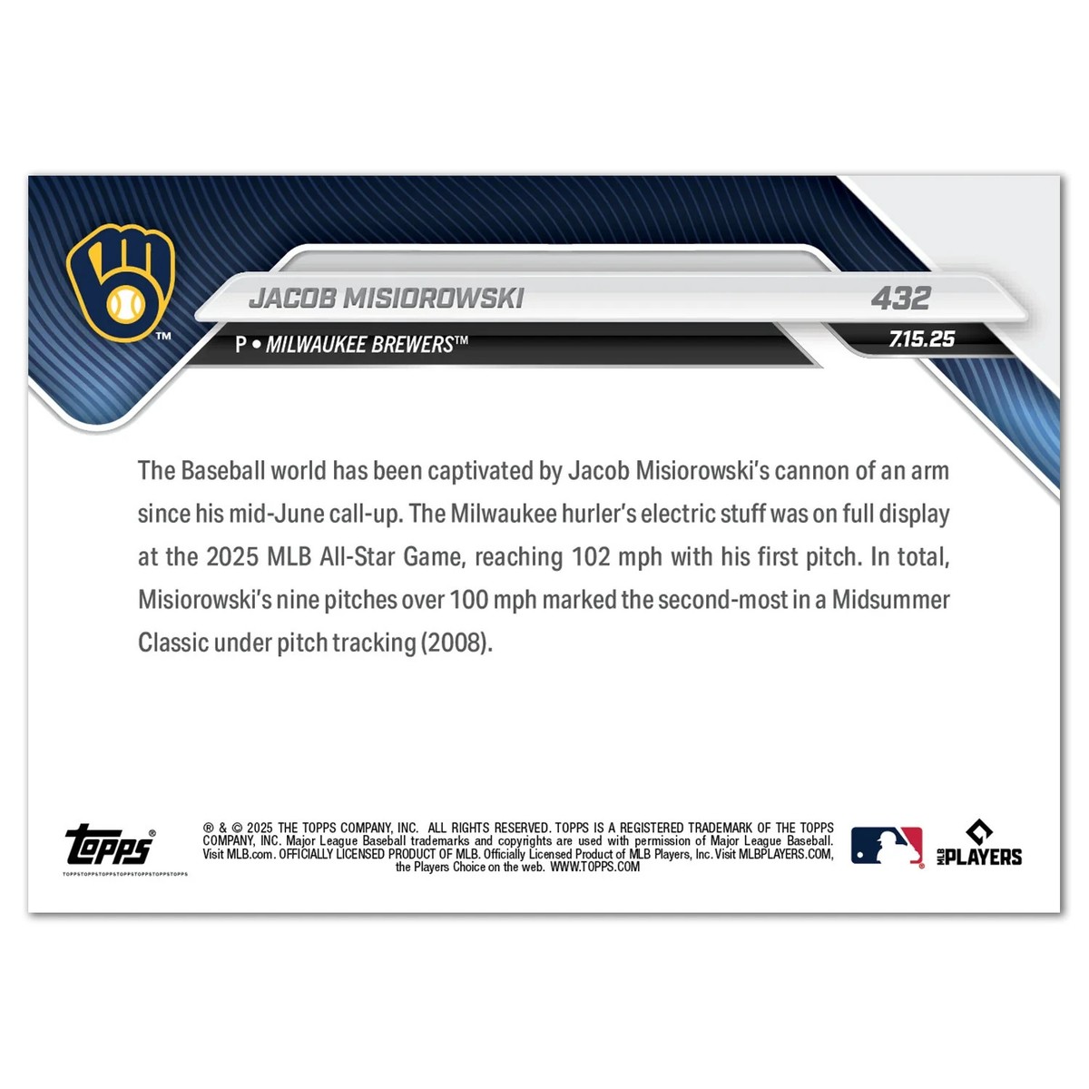 Jacob Misiorowski 100 MPH ASG Debut 2025 MLB Topps NOW Card 432 | eBay