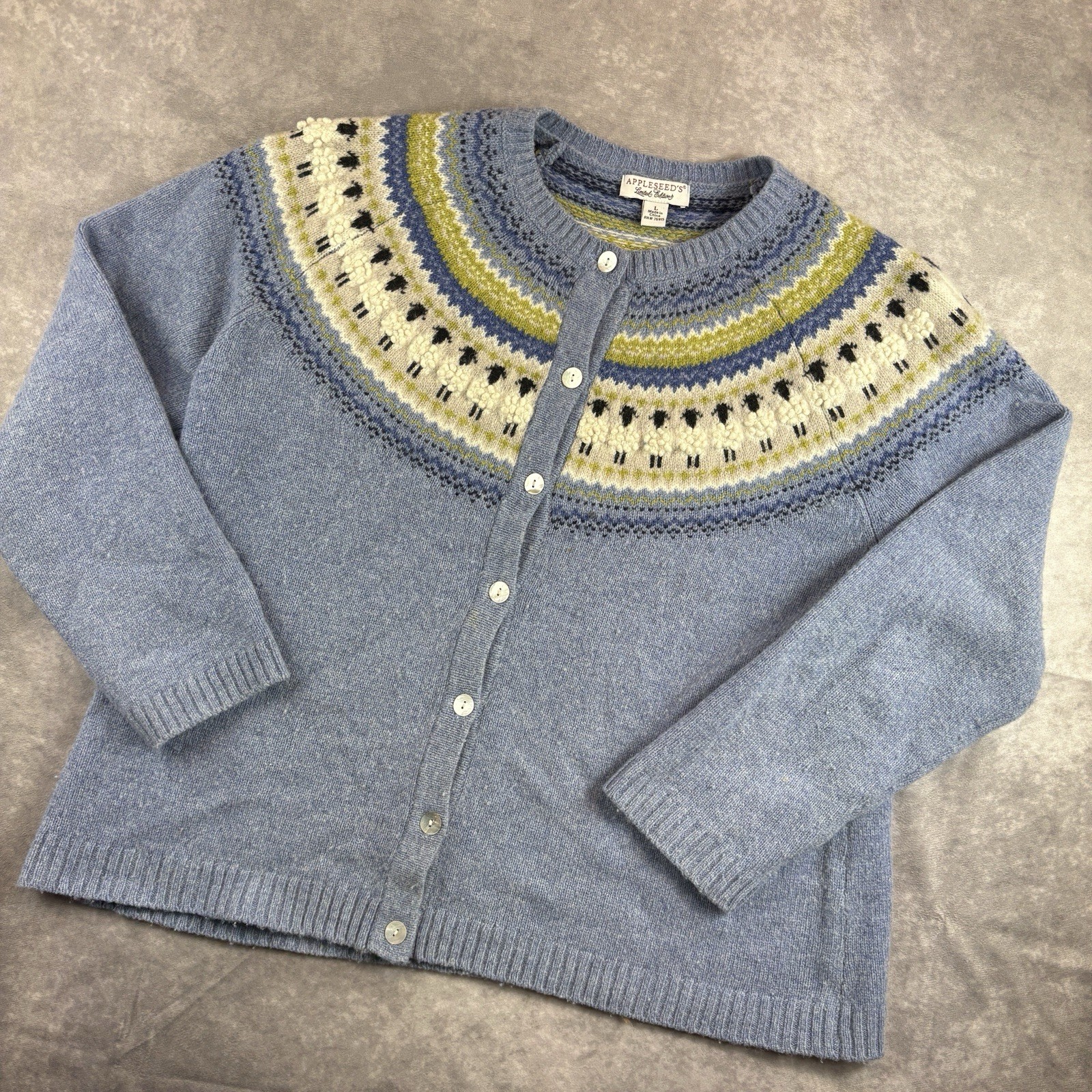 Appleseeds Cardigan Womens L Blue Flowers Limited Edition Wool Fair Isle Sweater
