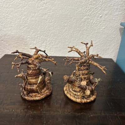 Banana Fiber Baobab 2 tree sculptures with animals ~ Made in Kenya